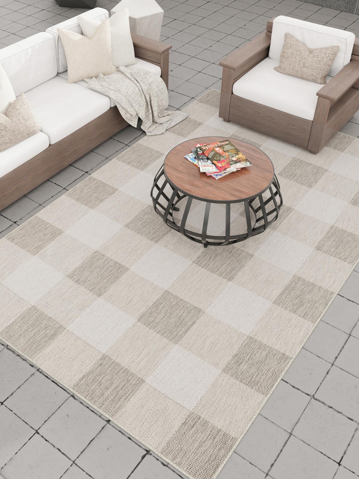 Gray 2' x 3' 1 Outdoor Checkered Rectangle Area Rug Weather Resistant for Patio, Deck, Terrace, Balcony, Porch 100% Polypropylene Geometric Carpet for Sale at Rug Engine
