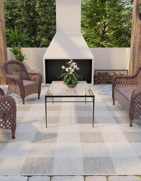 Gray 2' x 3' 1 Outdoor Checkered Rectangle Area Rug Weather Resistant for Patio, Deck, Terrace, Balcony, Porch 100% Polypropylene Geometric Carpet for Sale at Rug Engine