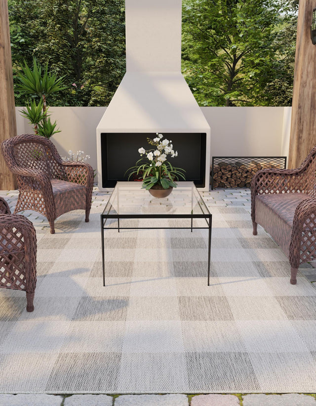 Gray 2' x 3' 1 Outdoor Checkered Rectangle Area Rug Weather Resistant for Patio, Deck, Terrace, Balcony, Porch 100% Polypropylene Geometric Carpet for Sale at Rug Engine