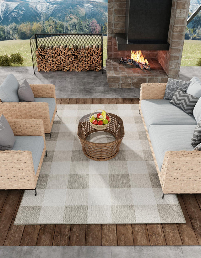 Gray 2' x 3' 1 Outdoor Checkered Rectangle Area Rug Weather Resistant for Patio, Deck, Terrace, Balcony, Porch 100% Polypropylene Geometric Carpet for Sale at Rug Engine