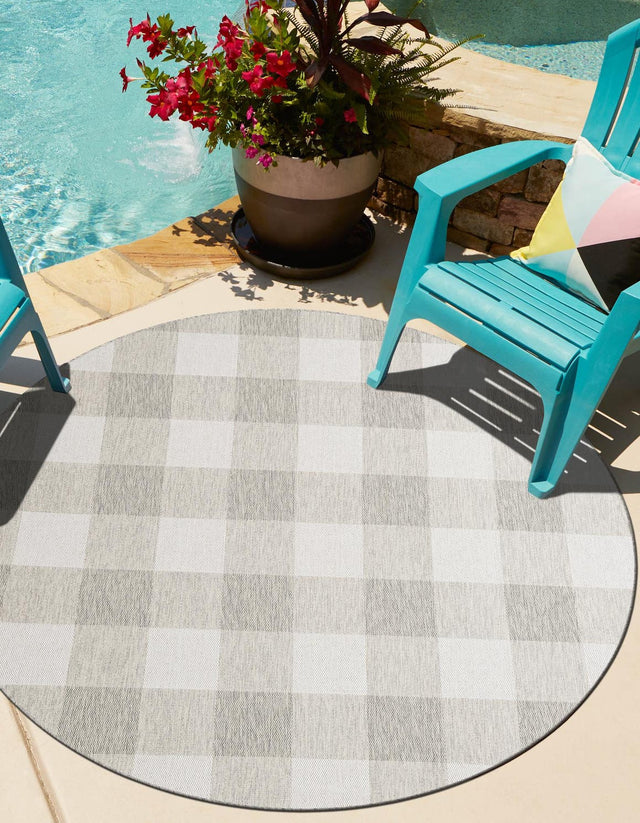 Gray 3' 1 x 3' 1 Outdoor Checkered Round Area Rug Weather Resistant for Patio, Deck, Terrace, Balcony, Porch 100% Polypropylene Geometric Carpet for Sale at Rug Engine