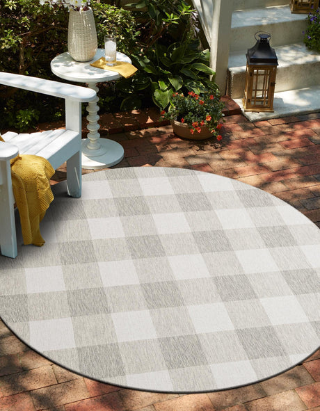 Gray 6' 1 x 6' 1 Outdoor Checkered Round Area Rug Weather Resistant for Patio, Deck, Terrace, Balcony, Porch 100% Polypropylene Geometric Carpet for Sale at Rug Engine