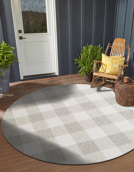 Gray 6' 1 x 6' 1 Outdoor Checkered Round Area Rug Weather Resistant for Patio, Deck, Terrace, Balcony, Porch 100% Polypropylene Geometric Carpet for Sale at Rug Engine