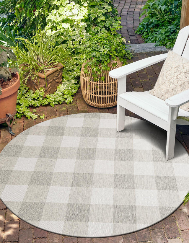 Gray 6' 1 x 6' 1 Outdoor Checkered Round Area Rug Weather Resistant for Patio, Deck, Terrace, Balcony, Porch 100% Polypropylene Geometric Carpet for Sale at Rug Engine