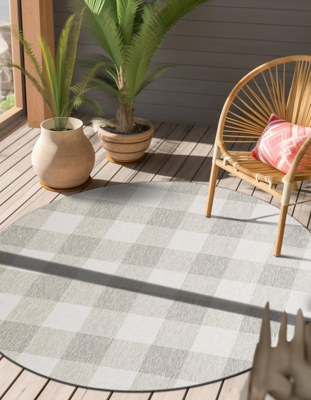 Gray 6' 1 x 6' 1 Outdoor Checkered Round Area Rug Weather Resistant for Patio, Deck, Terrace, Balcony, Porch 100% Polypropylene Geometric Carpet for Sale at Rug Engine