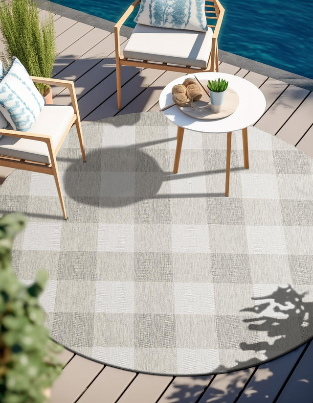 Gray 6' 1 x 6' 1 Outdoor Checkered Round Area Rug Weather Resistant for Patio, Deck, Terrace, Balcony, Porch 100% Polypropylene Geometric Carpet for Sale at Rug Engine