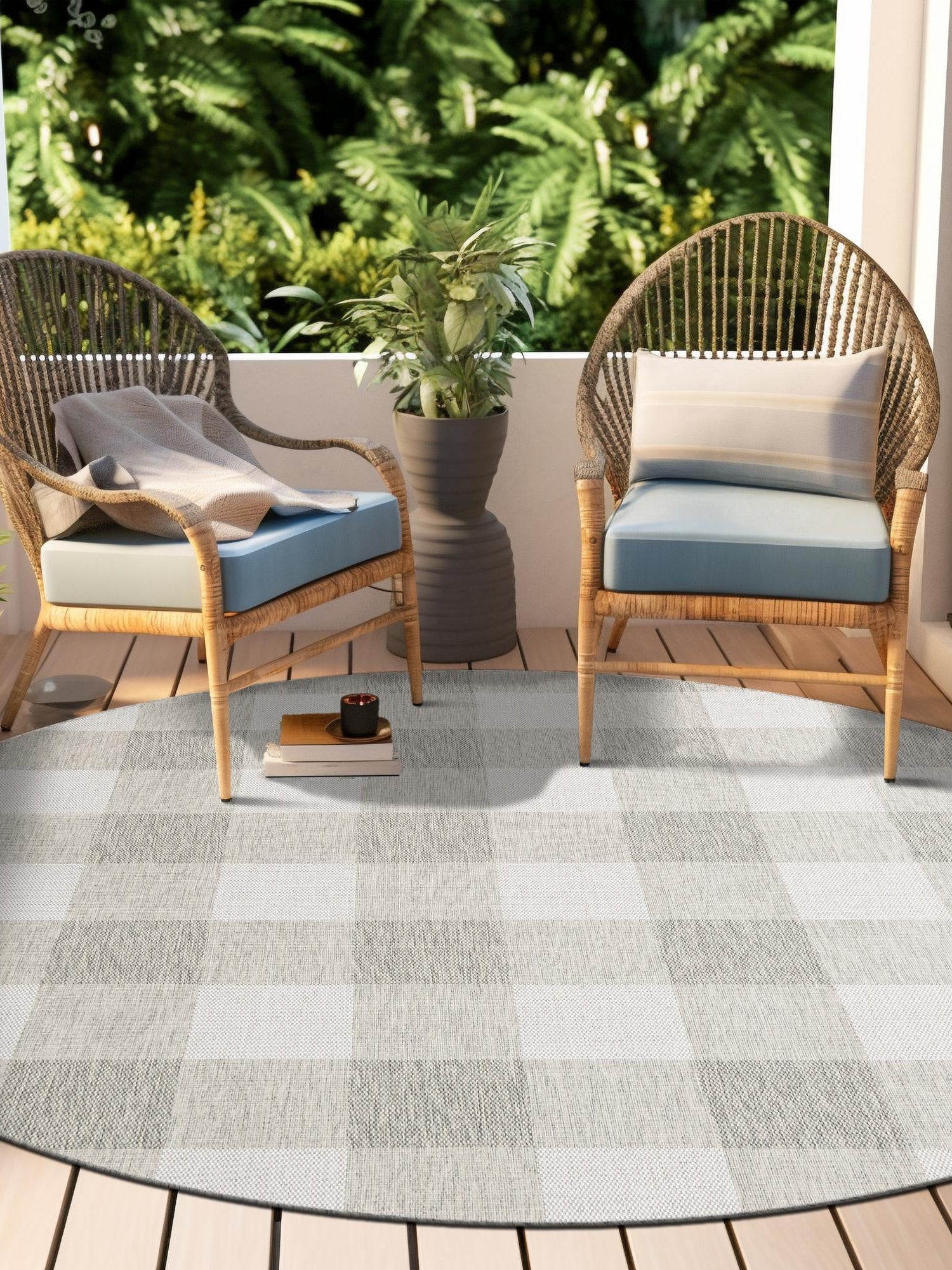 Gray 6' 1 x 6' 1 Outdoor Checkered Round Area Rug Weather Resistant for Patio, Deck, Terrace, Balcony, Porch 100% Polypropylene Geometric Carpet for Sale at Rug Engine