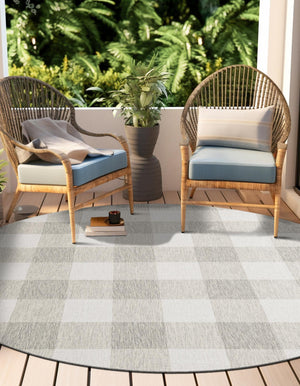 Gray 6' 1 x 6' 1 Outdoor Checkered Round Area Rug Weather Resistant for Patio, Deck, Terrace, Balcony, Porch 100% Polypropylene Geometric Carpet for Sale at Rug Engine