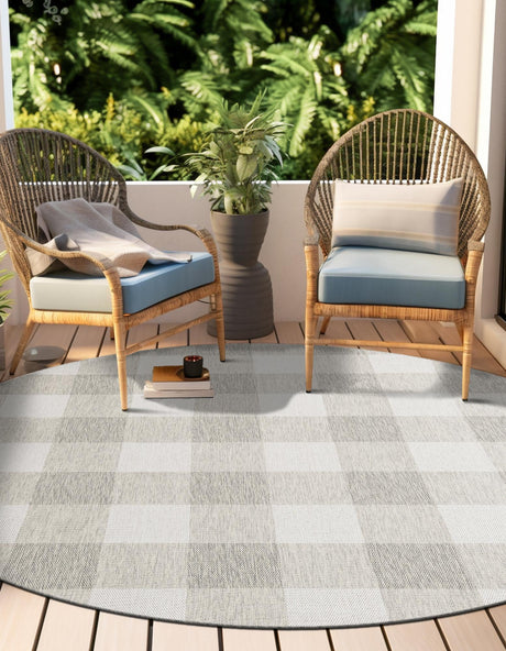 Gray 6' 1 x 6' 1 Outdoor Checkered Round Area Rug Weather Resistant for Patio, Deck, Terrace, Balcony, Porch 100% Polypropylene Geometric Carpet for Sale at Rug Engine