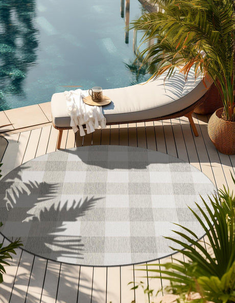 Gray 3' 1 x 3' 1 Outdoor Checkered Round Area Rug Weather Resistant for Patio, Deck, Terrace, Balcony, Porch 100% Polypropylene Geometric Carpet for Sale at Rug Engine