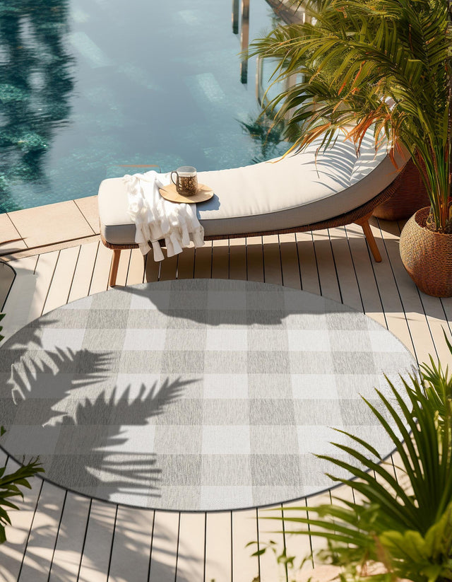 Gray 3' 1 x 3' 1 Outdoor Checkered Round Area Rug Weather Resistant for Patio, Deck, Terrace, Balcony, Porch 100% Polypropylene Geometric Carpet for Sale at Rug Engine
