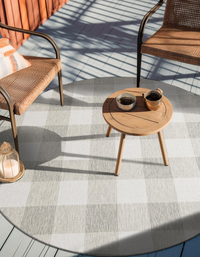Gray 3' 1 x 3' 1 Outdoor Checkered Round Area Rug Weather Resistant for Patio, Deck, Terrace, Balcony, Porch 100% Polypropylene Geometric Carpet for Sale at Rug Engine
