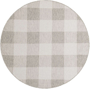 Gray 6' 1 x 6' 1 Outdoor Checkered Round Area Rug Weather Resistant for Patio, Deck, Terrace, Balcony, Porch 100% Polypropylene Geometric Carpet for Sale at Rug Engine