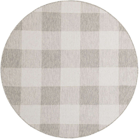 Gray 6' 1 x 6' 1 Outdoor Checkered Round Area Rug Weather Resistant for Patio, Deck, Terrace, Balcony, Porch 100% Polypropylene Geometric Carpet for Sale at Rug Engine