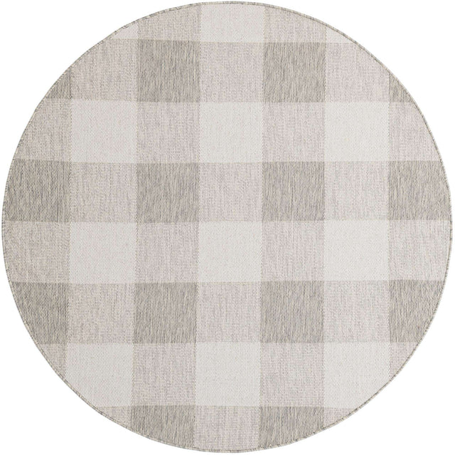 Gray 6' 1 x 6' 1 Outdoor Checkered Round Area Rug Weather Resistant for Patio, Deck, Terrace, Balcony, Porch 100% Polypropylene Geometric Carpet for Sale at Rug Engine