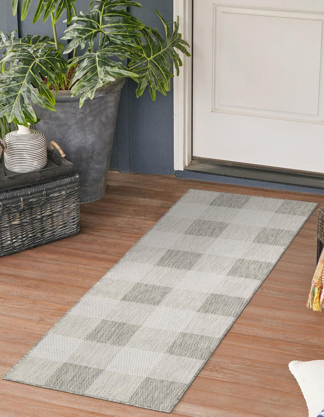 Gray 2' x 5' 3 Outdoor Checkered Runner Area Rug Weather Resistant for Patio, Deck, Terrace, Balcony, Porch 100% Polypropylene Geometric Carpet for Sale at Rug Engine
