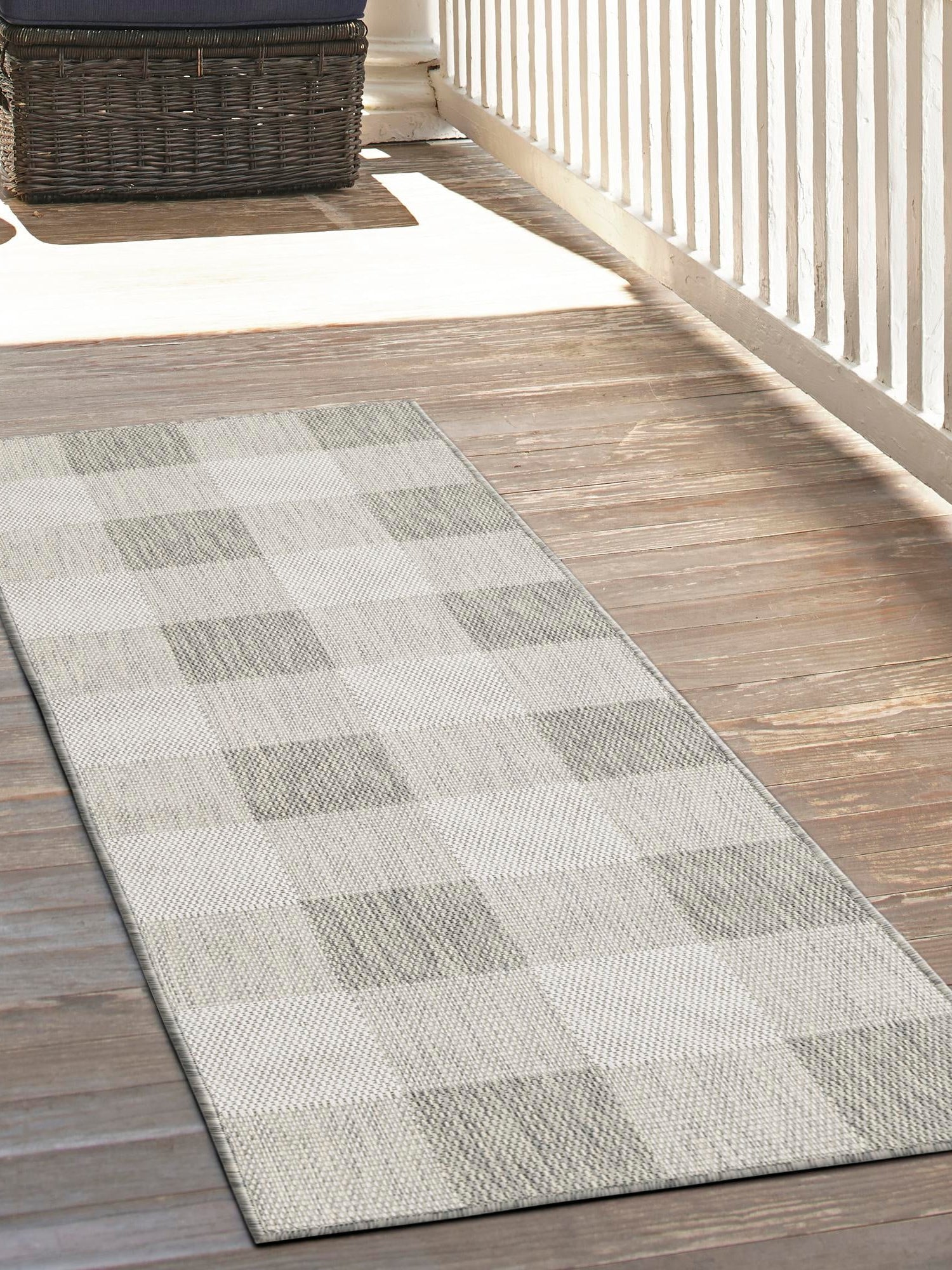 Gray 2' 7 x 12' Outdoor Checkered Runner Area Rug Weather Resistant for Patio, Deck, Terrace, Balcony, Porch 100% Polypropylene Geometric Carpet for Sale at Rug Engine