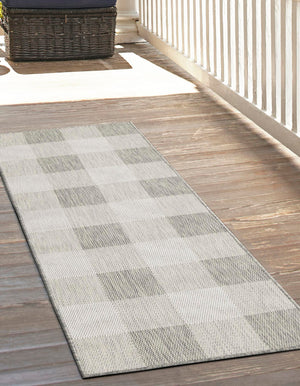 Gray 2' 7 x 12' Outdoor Checkered Runner Area Rug Weather Resistant for Patio, Deck, Terrace, Balcony, Porch 100% Polypropylene Geometric Carpet for Sale at Rug Engine