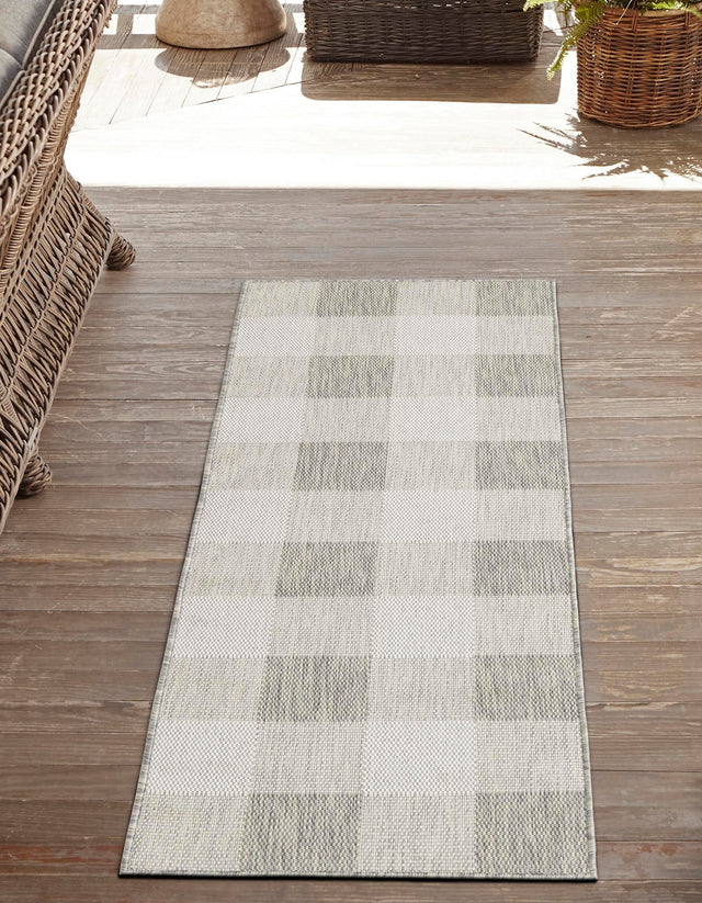 Gray 2' x 5' 3 Outdoor Checkered Runner Area Rug Weather Resistant for Patio, Deck, Terrace, Balcony, Porch 100% Polypropylene Geometric Carpet for Sale at Rug Engine