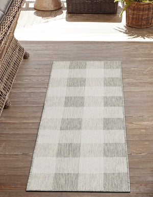 Gray 2' x 6' 1 Outdoor Checkered Runner Area Rug Weather Resistant for Patio, Deck, Terrace, Balcony, Porch 100% Polypropylene Geometric Carpet for Sale at Rug Engine