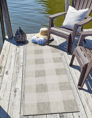 Gray 2' x 5' 3 Outdoor Checkered Runner Area Rug Weather Resistant for Patio, Deck, Terrace, Balcony, Porch 100% Polypropylene Geometric Carpet for Sale at Rug Engine