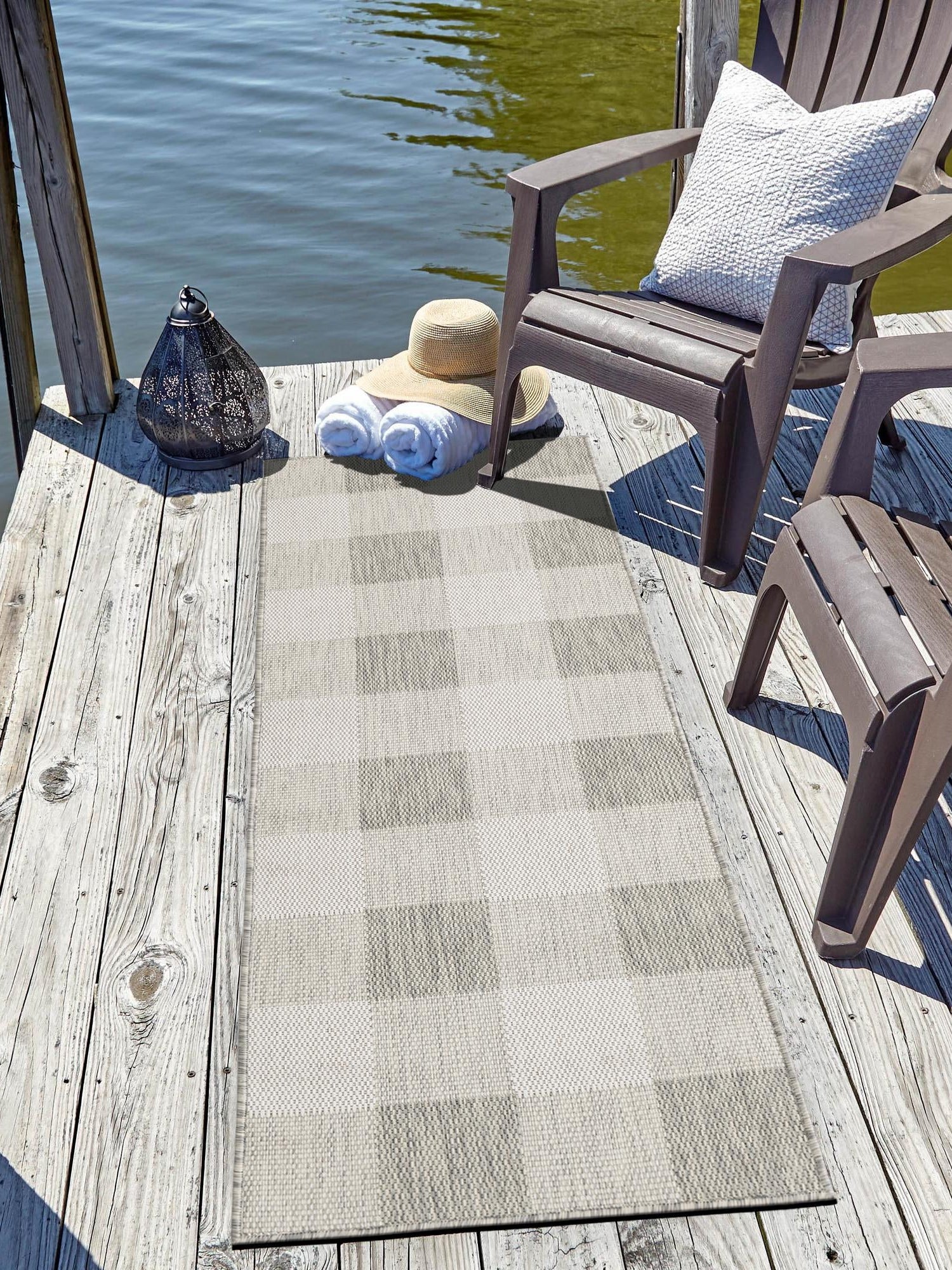 Gray 2' x 8' Outdoor Checkered Runner Area Rug Weather Resistant for Patio, Deck, Terrace, Balcony, Porch 100% Polypropylene Geometric Carpet for Sale at Rug Engine
