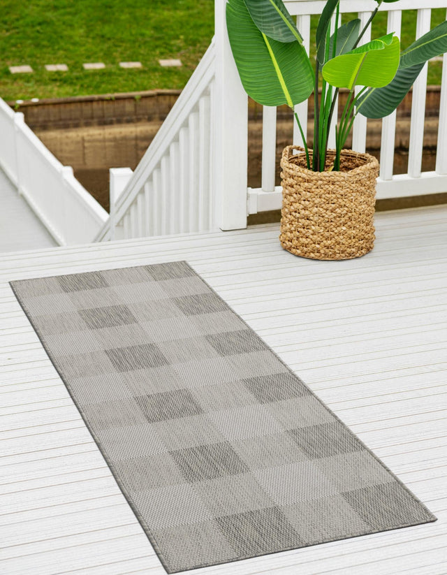 Gray 2' 7 x 12' Outdoor Checkered Runner Area Rug Weather Resistant for Patio, Deck, Terrace, Balcony, Porch 100% Polypropylene Geometric Carpet for Sale at Rug Engine