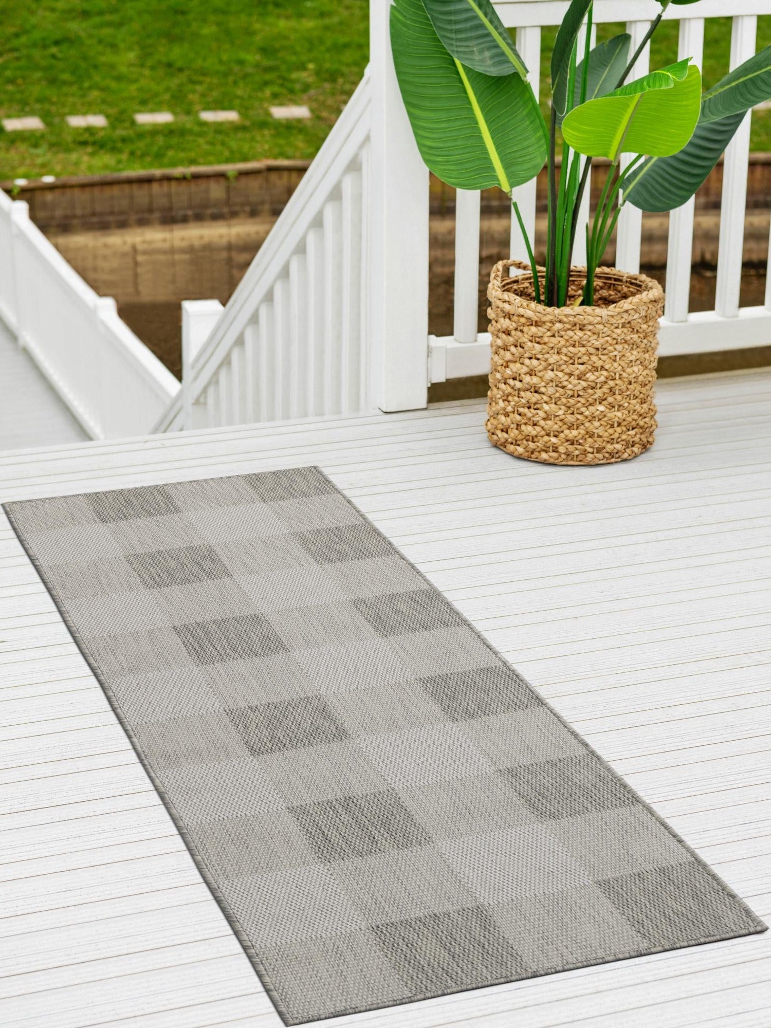 Gray 2' x 6' 1 Outdoor Checkered Runner Area Rug Weather Resistant for Patio, Deck, Terrace, Balcony, Porch 100% Polypropylene Geometric Carpet for Sale at Rug Engine