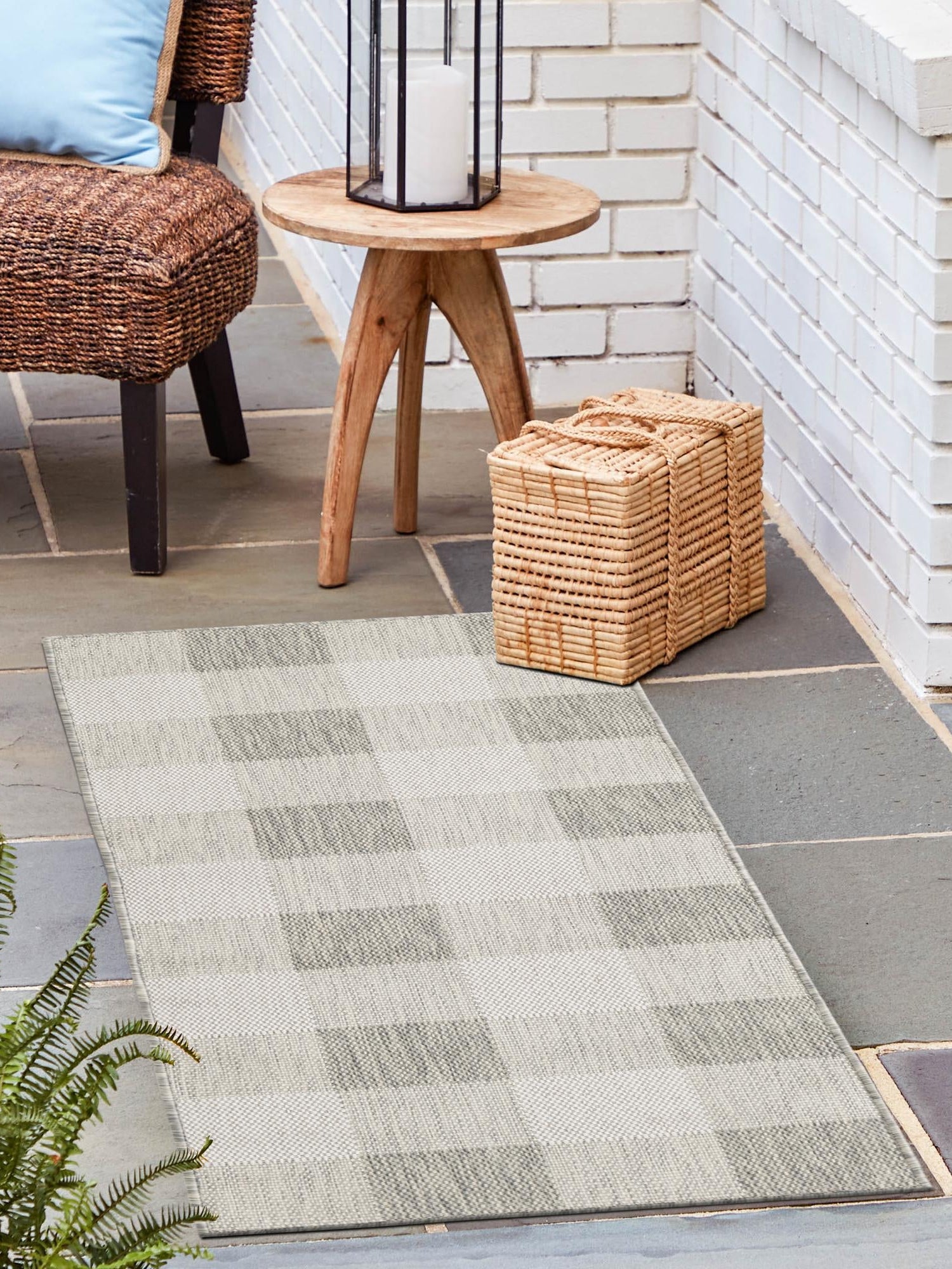 Gray 2' x 8' Outdoor Checkered Runner Area Rug Weather Resistant for Patio, Deck, Terrace, Balcony, Porch 100% Polypropylene Geometric Carpet for Sale at Rug Engine