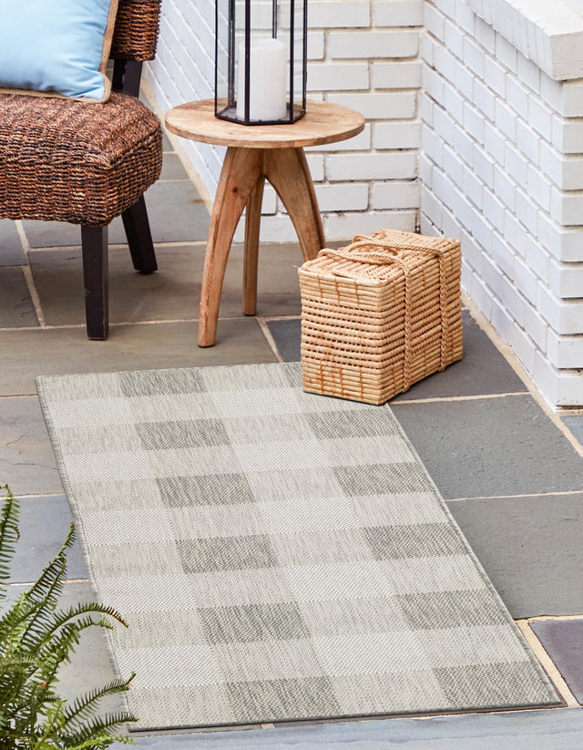 Gray 2' 7 x 12' Outdoor Checkered Runner Area Rug Weather Resistant for Patio, Deck, Terrace, Balcony, Porch 100% Polypropylene Geometric Carpet for Sale at Rug Engine