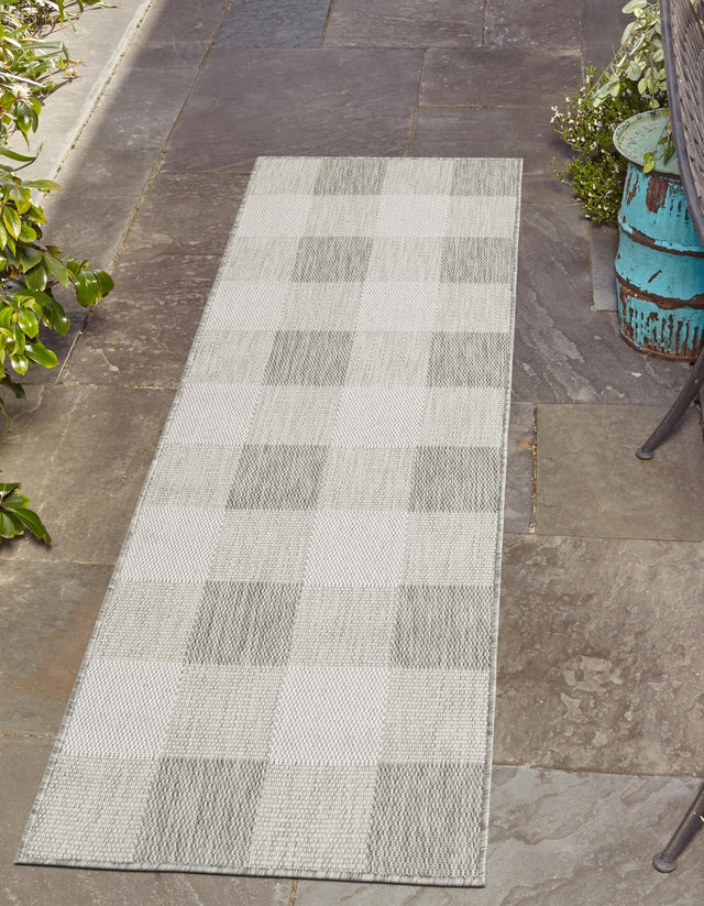 Gray 2' x 5' 3 Outdoor Checkered Runner Area Rug Weather Resistant for Patio, Deck, Terrace, Balcony, Porch 100% Polypropylene Geometric Carpet for Sale at Rug Engine