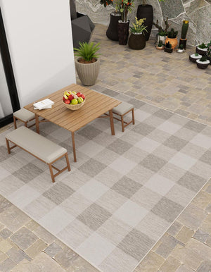 Gray 10' x 10' Outdoor Checkered Square Area Rug Weather Resistant for Patio, Deck, Terrace, Balcony, Porch 100% Polypropylene Geometric Carpet for Sale at Rug Engine