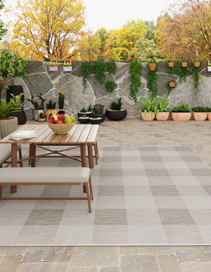 Gray 10' x 10' Outdoor Checkered Square Area Rug Weather Resistant for Patio, Deck, Terrace, Balcony, Porch 100% Polypropylene Geometric Carpet for Sale at Rug Engine