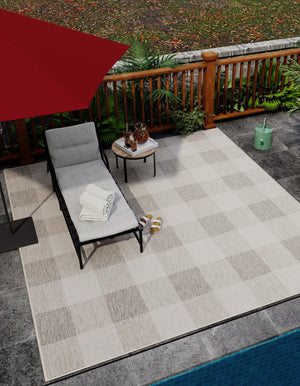 Gray 10' x 10' Outdoor Checkered Square Area Rug Weather Resistant for Patio, Deck, Terrace, Balcony, Porch 100% Polypropylene Geometric Carpet for Sale at Rug Engine