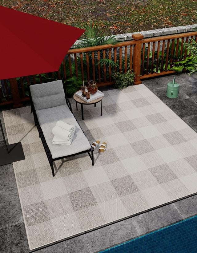 Gray 10' x 10' Outdoor Checkered Square Area Rug Weather Resistant for Patio, Deck, Terrace, Balcony, Porch 100% Polypropylene Geometric Carpet for Sale at Rug Engine