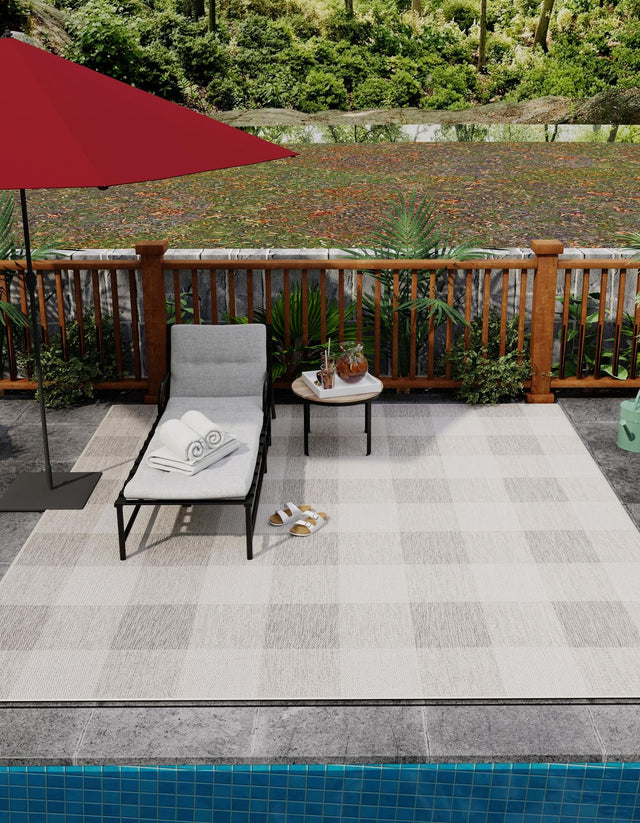 Gray 10' x 10' Outdoor Checkered Square Area Rug Weather Resistant for Patio, Deck, Terrace, Balcony, Porch 100% Polypropylene Geometric Carpet for Sale at Rug Engine