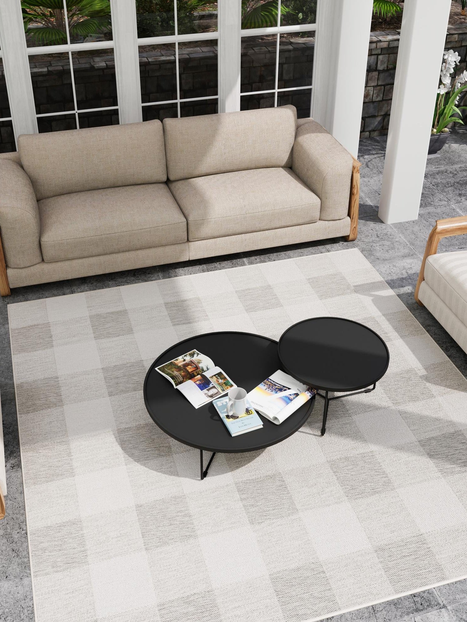 Gray 10' x 10' Outdoor Checkered Square Area Rug Weather Resistant for Patio, Deck, Terrace, Balcony, Porch 100% Polypropylene Geometric Carpet for Sale at Rug Engine