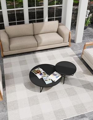 Gray 10' x 10' Outdoor Checkered Square Area Rug Weather Resistant for Patio, Deck, Terrace, Balcony, Porch 100% Polypropylene Geometric Carpet for Sale at Rug Engine