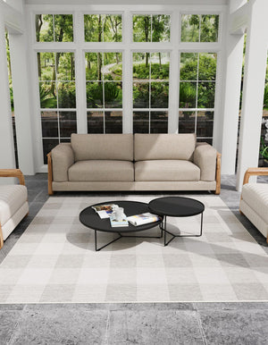 Gray 10' x 10' Outdoor Checkered Square Area Rug Weather Resistant for Patio, Deck, Terrace, Balcony, Porch 100% Polypropylene Geometric Carpet for Sale at Rug Engine