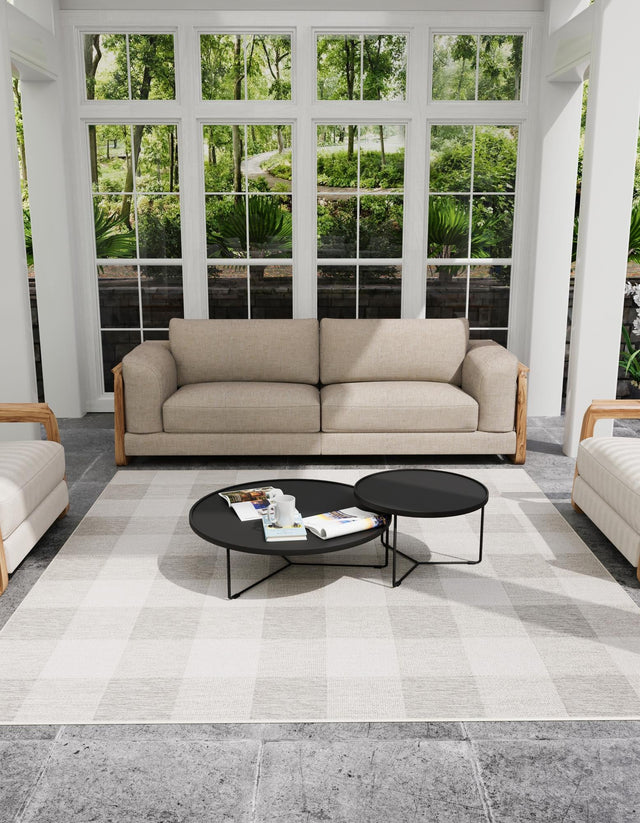 Gray 10' x 10' Outdoor Checkered Square Area Rug Weather Resistant for Patio, Deck, Terrace, Balcony, Porch 100% Polypropylene Geometric Carpet for Sale at Rug Engine