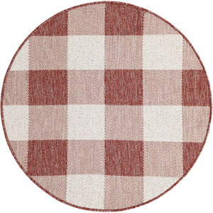 Red 3' 1 x 3' 1 Outdoor Checkered Round Area Rug Weather Resistant for Patio, Deck, Terrace, Balcony, Porch 100% Polypropylene Geometric Carpet for Sale at Rug Engine