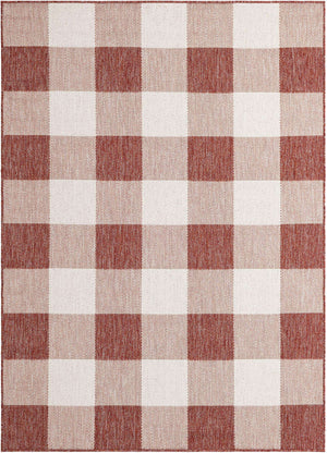 Red 5' 3 x 7' 1 Outdoor Checkered Rectangle Area Rug Weather Resistant for Patio, Deck, Terrace, Balcony, Porch 100% Polypropylene Geometric Carpet for Sale at Rug Engine