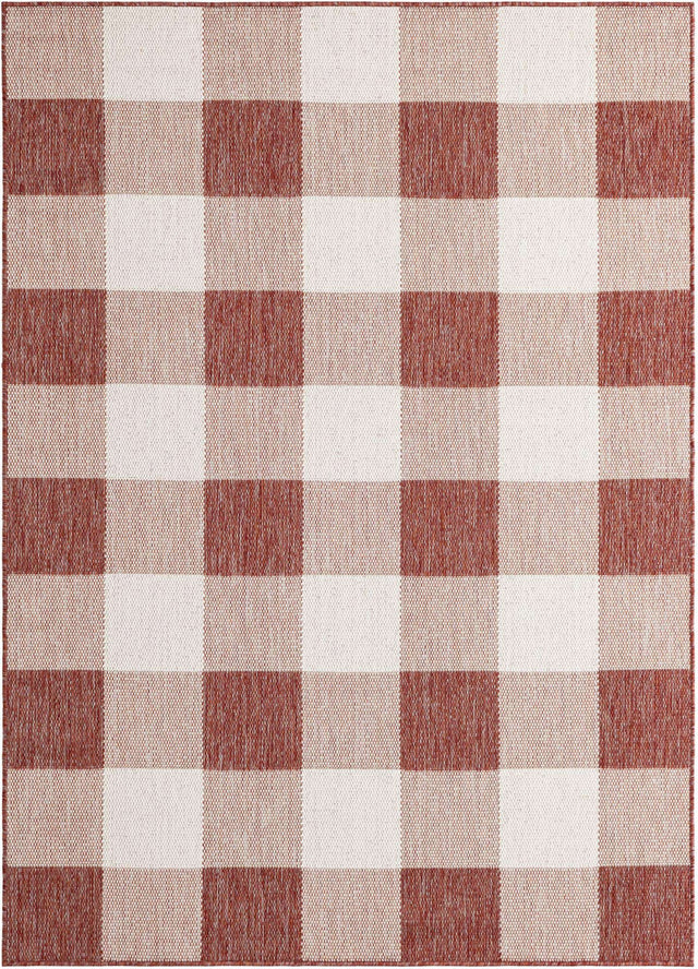 Red 5' 3 x 7' 1 Outdoor Checkered Rectangle Area Rug Weather Resistant for Patio, Deck, Terrace, Balcony, Porch 100% Polypropylene Geometric Carpet for Sale at Rug Engine