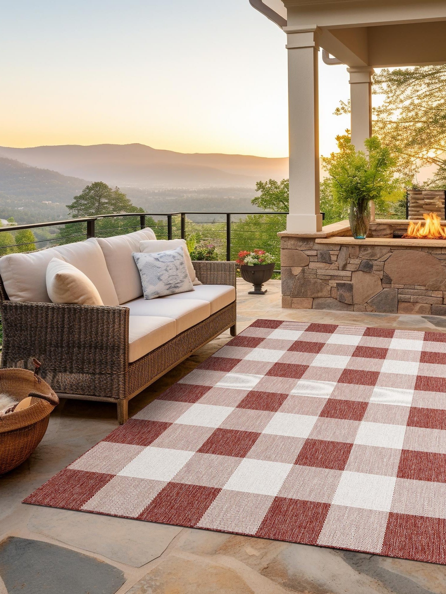 Red 7' 10 x 10' Outdoor Checkered Rectangle Area Rug Weather Resistant for Patio, Deck, Terrace, Balcony, Porch 100% Polypropylene Geometric Carpet for Sale at Rug Engine