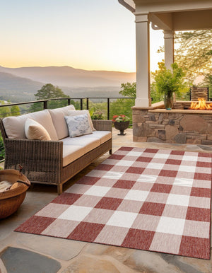 Red 6' 1 x 9' Outdoor Checkered Rectangle Area Rug Weather Resistant for Patio, Deck, Terrace, Balcony, Porch 100% Polypropylene Geometric Carpet for Sale at Rug Engine