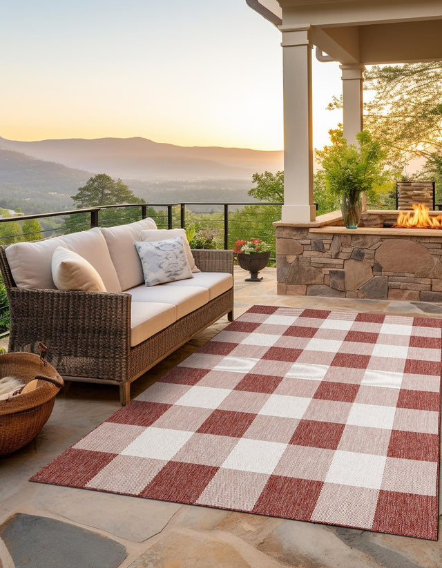 Red 5' 3 x 8' Outdoor Checkered Rectangle Area Rug Weather Resistant for Patio, Deck, Terrace, Balcony, Porch 100% Polypropylene Geometric Carpet for Sale at Rug Engine