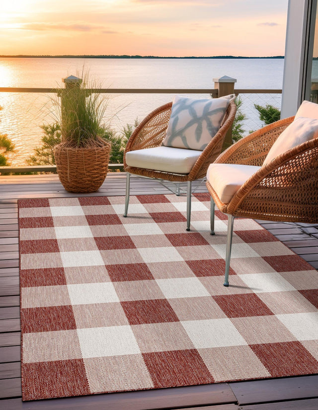 Red 6' 1 x 9' Outdoor Checkered Rectangle Area Rug Weather Resistant for Patio, Deck, Terrace, Balcony, Porch 100% Polypropylene Geometric Carpet for Sale at Rug Engine