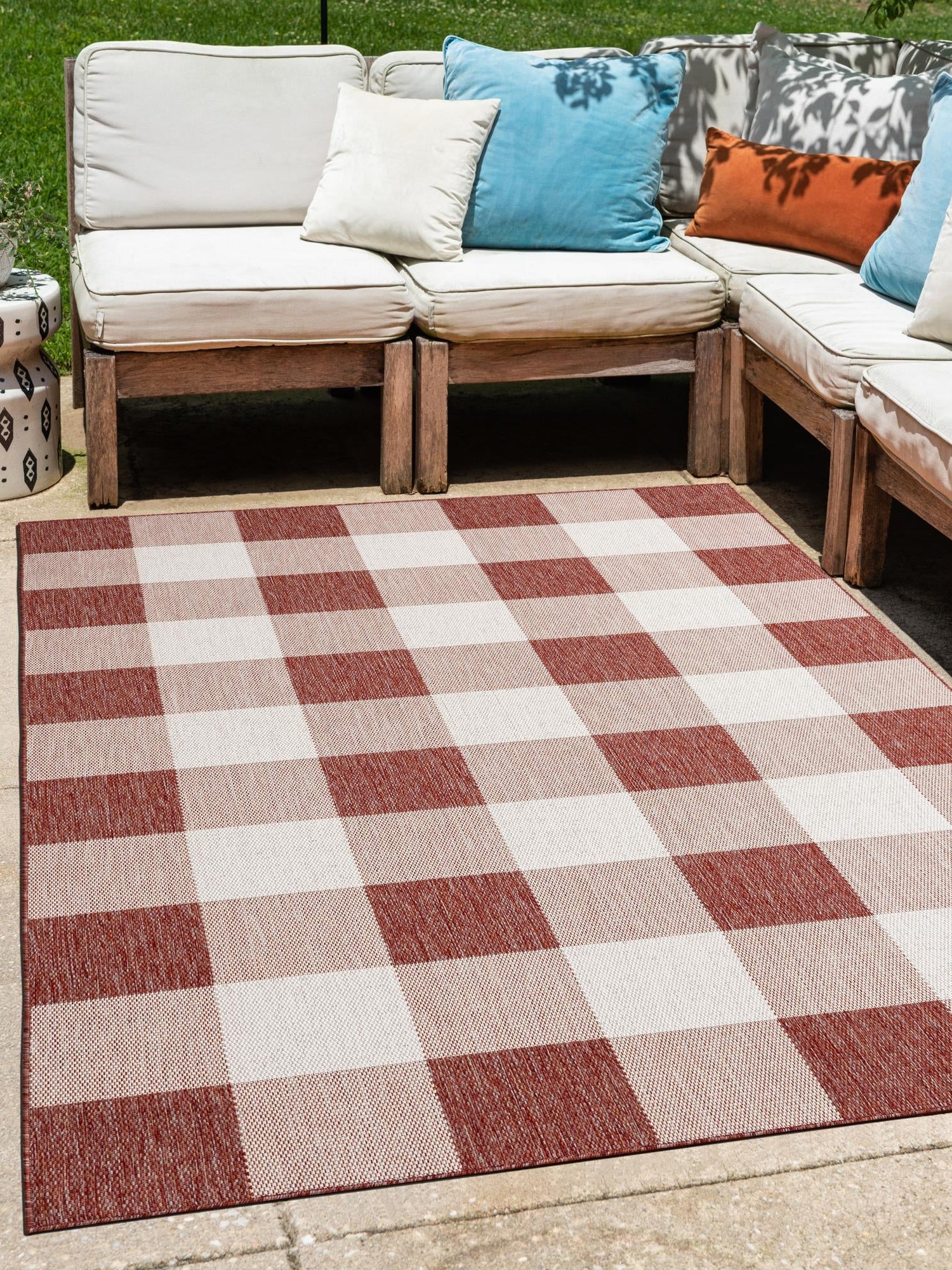 Red 4' 1 x 6' 1 Outdoor Checkered Rectangle Area Rug Weather Resistant for Patio, Deck, Terrace, Balcony, Porch 100% Polypropylene Geometric Carpet for Sale at Rug Engine