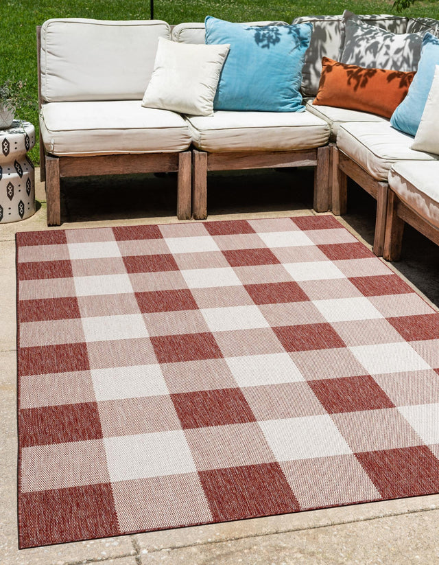 Red 5' 3 x 8' Outdoor Checkered Rectangle Area Rug Weather Resistant for Patio, Deck, Terrace, Balcony, Porch 100% Polypropylene Geometric Carpet for Sale at Rug Engine