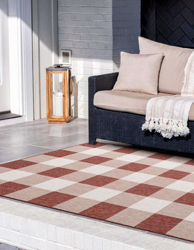 Red 6' 1 x 9' Outdoor Checkered Rectangle Area Rug Weather Resistant for Patio, Deck, Terrace, Balcony, Porch 100% Polypropylene Geometric Carpet for Sale at Rug Engine